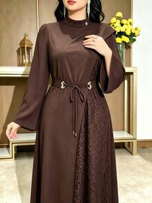 Modelyn Plus Size Women's Stand Collar Bell Sleeve Contrast Lace Elegant Dress - Coffee Brown - View 3