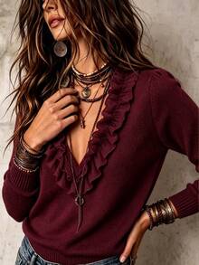 LUMIGAL Sweater Wanita Lengan Panjang Leher V dengan Motif Patchwork dan Hiasan Rumbai - Burgundy - View 5