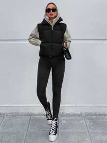 SHEIN Tall Size Zip Up Detailed With Drawstring Solid Black Color Casual Puffer Vest Coat - Black - View 5