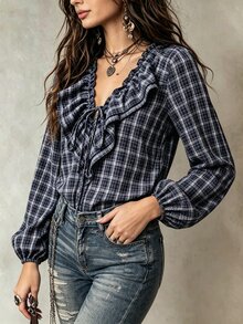 SHEIN PariChic INS French Style Ruffle Trim Plaid Shirt For Women - Royal Blue - View 4