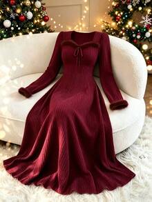 GlowEve CURVE Gaun Rajut Lengan Panjang Elegan untuk Wanita Ukuran Plus di Musim Gugur - Merah - View 1