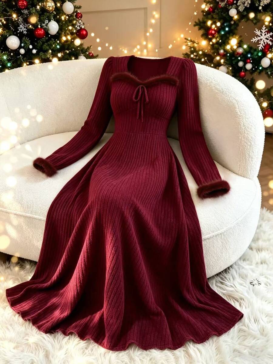 GlowEve CURVE Gaun Rajut Lengan Panjang Elegan untuk Wanita Ukuran Plus di Musim Gugur - Merah - View 1