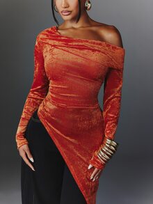 NYA SZN Women's Solid Color One Shoulder Long Sleeve Ruched Asymmetric Hem Fashion Top - Orange - View 6