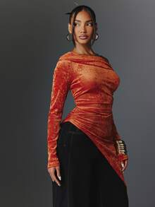 NYA SZN Women's Solid Color One Shoulder Long Sleeve Ruched Asymmetric Hem Fashion Top - Orange - View 4