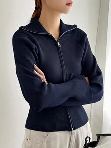 DAZY 純色拉鍊翻領商務休閒風女款開襟衫 - 霧霾藍 - 查看 4