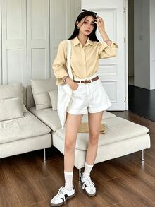 DAZY 女款素色休閒日常長袖襯衫 - 黃色 - 查看 2