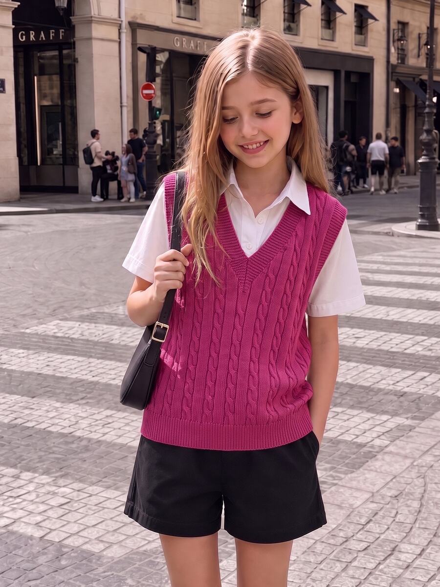 SHEIN Áo vest dệt vặn thừng cổ chữ V phong cách thường ngày đa năng cho bé gái tuổi teen - Màu Hồng Tươi - Xem 1