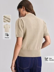 Ontre 2026秋季米色半高領金屬拉鍊短袖針織上衣，女款極簡休閒優雅都市現代百搭通勤辦公商務 - 杏色 - 查看 3