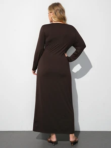 Maija Plus Size Solid Fashion Elegant Long Sleeve Dress - Brown - View 2