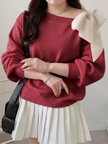 Dazy Plus Contrast Color Cold Shoulder Drop Shoulder Long Sleeve Bowknot Loose Casual Versatile Pullover Sweater Spring Autumn New Arrival - Burgundy - View 2