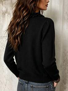 LUMIGAL Women's Solid Color Patchwork Ruffle V-Neck Long Sleeve Sweater - Black - View 2