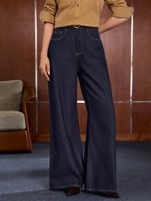 Anewsta Women's Casual Versatile Deep Blue Straight Leg Denim Jeans With Pockets - Blue - View 5