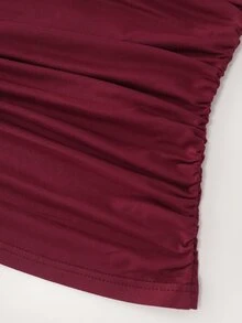 Celisse Lady's Elegant Pleated Round-Neck Mesh Batwing Sleeve Top, With Pleated Side Waistline And A Fitted Solid Color Design, Elegant In Style. - Burgundy - View 5