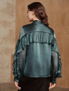 Anewsta New Elegant Fashion Loose Ruffle Tie-Front Blouse For Women - Cadet Blue - View 7