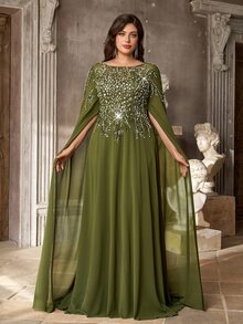 Aureia Plus Size Elegant Luxurious Beaded Embroidered Burnout Craft Floating Petal Ruched A-Line Heavy Work Evening Gown Suitable For All Formal Occasions - Green - View 5