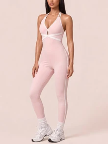 SHEIN BAE Women's Contrast Trim Halter Neck Hollow Out Casual Sports Jumpsuit - Baby Pink - View 5