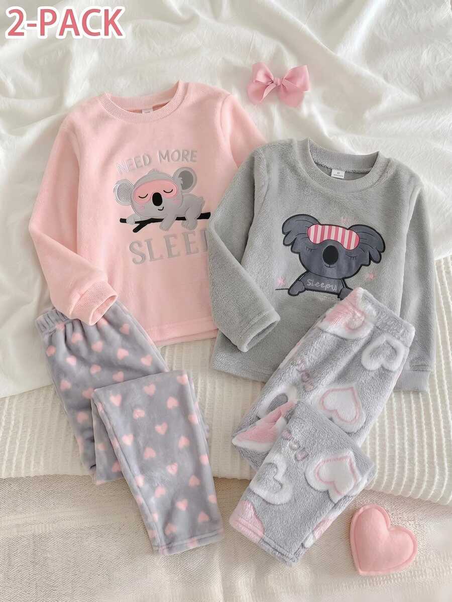 Girls' Koala Embroidery & Heart Print Long Sleeve Plush Pajama Set, Fleece Lounge Wear - Baby Blue - View 1
