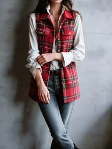 SHEIN 女款休閒學院風格紋翻領背心外套，紅色格紋，感恩節聖誕節適用，秋冬日常穿著、上學穿搭 - 紅色 - 查看 7