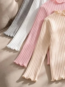 4pcs Baby/Toddler Autumn/Winter Cotton Ribbed Solid Color Ruffle Long Sleeve Tops, Cute T-Shirt Undershirts For Spring/Autumn, Versatile Fashion Tops - Multicolor - View 7
