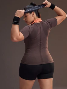 Powerista Women's Plus Size Round Neck Silver Reflective Foil Print Brown Slim Fit High Elastic Seamless Short Sleeve Sports T-Shirt - Brown - View 2