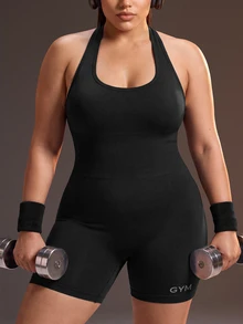 Powerista Plus Size Women's Black Backless Halter Neck Sexy Sports Jumpsuit - Black - View 1