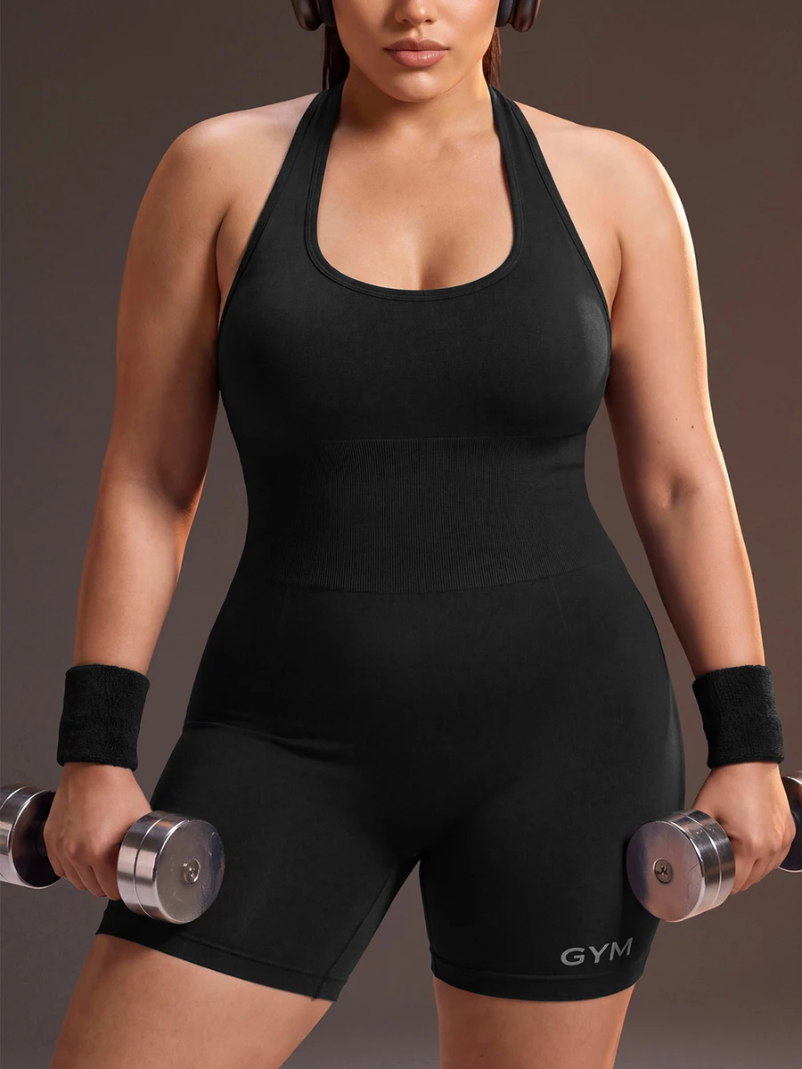 Powerista Plus Size Women's Black Backless Halter Neck Sexy Sports Jumpsuit - Black - View 1