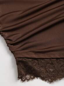 Sweetra Women's Fashion Pleated Round Neck Flare Sleeve Ruched Waist Asymmetric Hem Contrast Lace Coffee Color Versatile T-Shirt - Coffee Brown - View 3