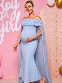 Loomaby Maternity 3D Floral Decor Off-Shoulder Elegant Party Dress - Blue - View 11