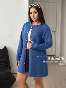 Flexra جاكيت جينز بأكمام طويلة وأزرار أمامية للنساء مقاس كبير - الأزرق - مشاهدة 5