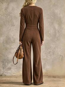 LUMIGAL Jumpsuit Kasual Wanita Musim Gugur Lengan Panjang Leher Bulat dengan Resleting Depan dan Kantong - Khaki - View 2