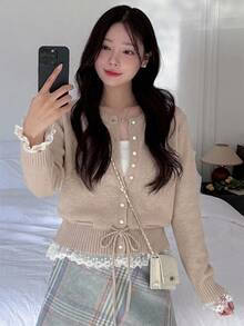 DAZY 女款法式蕾絲拼接針織開襟外套，秋冬加厚寬鬆夾克上衣 - 白色 - 查看 4