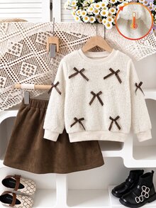Young Girl Fall Winter Fuzzy Fleece Bow Sweatshirt & Skirt 2pcs Set - White - View 3