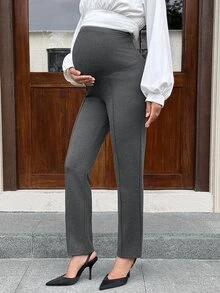 MaterniWear Maternity Solid Color Adjustable Waist Casual Everyday Long Pants - Grey - View 5