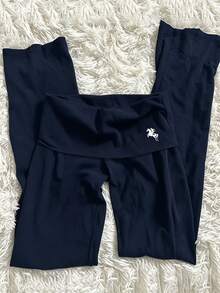 Plus-Size Women's Navy Blue Stretch Flared Leggings With Rider Print And Pleated Waistband-A Versatile Everyday Essential - Multicolor - View 1
