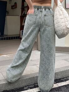 Dazy Plus Celana Jeans Denim Panjang Sepanjang Musim dengan Pinggang Elastis dan Tali Serut, Potongan Lurus Longgar, Model Washed Distressed, Gaya Street Casual, - Light Wash - View 4