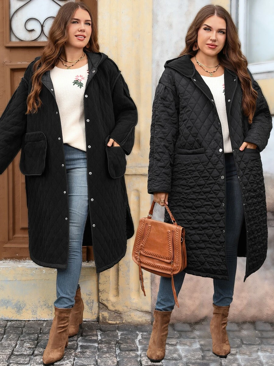 EMERY ROSE جاكيت نسائي مقاس كبير بلون موحد بصف واحد من الأزرار وجيبين بتصميم بسيط أنيق كاجوال بغطاء رأس للخروجات والعطلات والنوادي باللون الأسود للخريف - الأسود - مشاهدة 1
