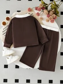 Baby Girl Casual Preppy 2 Pieces Set, Autumn Minimalist Brown Long Sleeve Polo Collar Top & Wide Leg - Brown - View 2