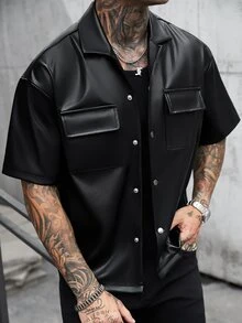 SLATEMANN 男士大尺碼黑色PU成熟休閒短袖襯衫 - 黑色 - 查看 5