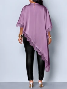 SOLERSUN Plus Size Women's Satin Lace Trim Asymmetric Blouse, Suitable For Dinner Parties And Shopping - Purple - View 5
