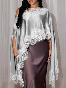 Rustia Plus Size Solid Color Elegant Minimalist One-Shoulder Sexy Asymmetrical Hem Lace Patchwork Loose Blouse For Women - Light Grey - View 1