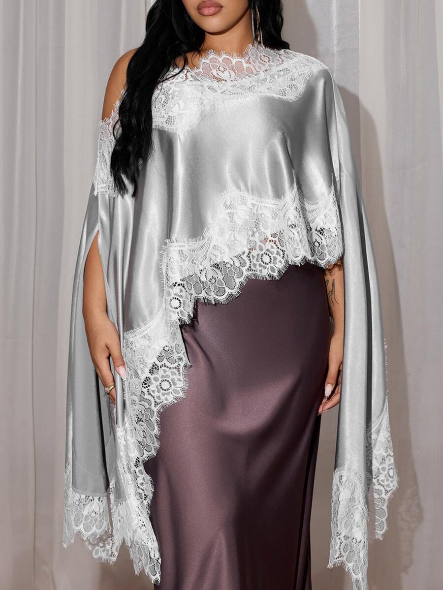 Rustia Plus Size Solid Color Elegant Minimalist One-Shoulder Sexy Asymmetrical Hem Lace Patchwork Loose Blouse For Women - Light Grey - View 1