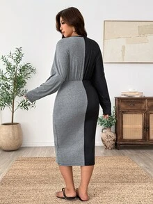 Weeklong French Vintage Elegant Fashion Casual Commute V-Neck Lace Trim Colorblock Patchwork Dress - Black - View 2