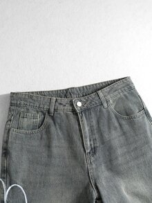 ROMWE MEN 男士口號刺繡牛仔褲，適合春夏日常穿著 - 銅色 - 查看 3