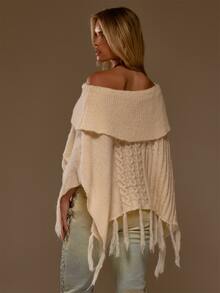 MUSERA Cream Cable Knit Fringed Poncho Autumn Fall Winter Coolgirl Women Outfit - White - View 4