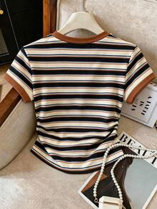 Rafferiza Women's Plus Size Short Sleeve T-Shirt, Graphic Design, Multi-Color Striped Print, Fashionable Versa - Multicolor - View 2