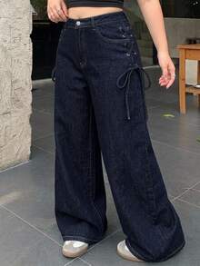 Dazy Plus Casual Washed Side Tie-Up Wide Leg Long Denim Pants For Girls, Spring/Autumn - Dark Wash - View 4