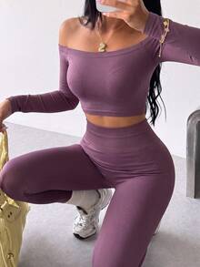 Dewbera Dewbera Set Legging Olahraga Yoga Tanpa Jahitan Model Bahu Terbuka Lengan Panjang Pendek - Purple - View 4