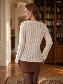 Suri Mira Women's Long Sleeve Hollow Crochet Floral Sweater - Beige - View 5