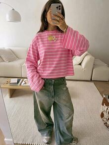 SHEIN EZwear 女款休閒寬鬆長袖條紋T恤，秋冬女裝 - 彩色 - 查看 6