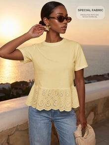 CAJUNI Women's Sweet Lace Patchwork Short Sleeve T-Shirt For Vacation - Pale Yellow - View 3